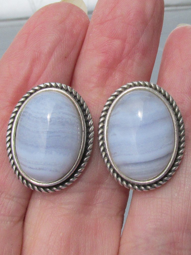Signed Dtr Jay King Blue Lace Agate Sterling Silver Oval Vintage Stud Earrings